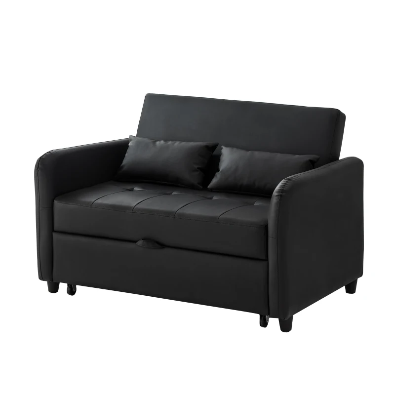 2-Seater Pull-Out Sofa Bed with 3-Level Adjustable Backrest, Space-Saving Convertible Bed with Metal Structure, 121L x 83W x 82H cm, Black