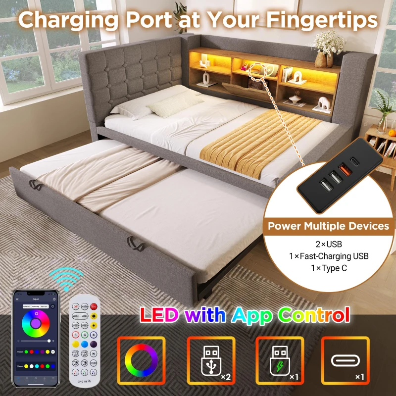 Upholstered Daybed with Pull-Out Trundle and Space-Saving Storage, Versatile Grey Linen Bed Frame with LED Lighting, 204L x 107W x 88H cm, Grey