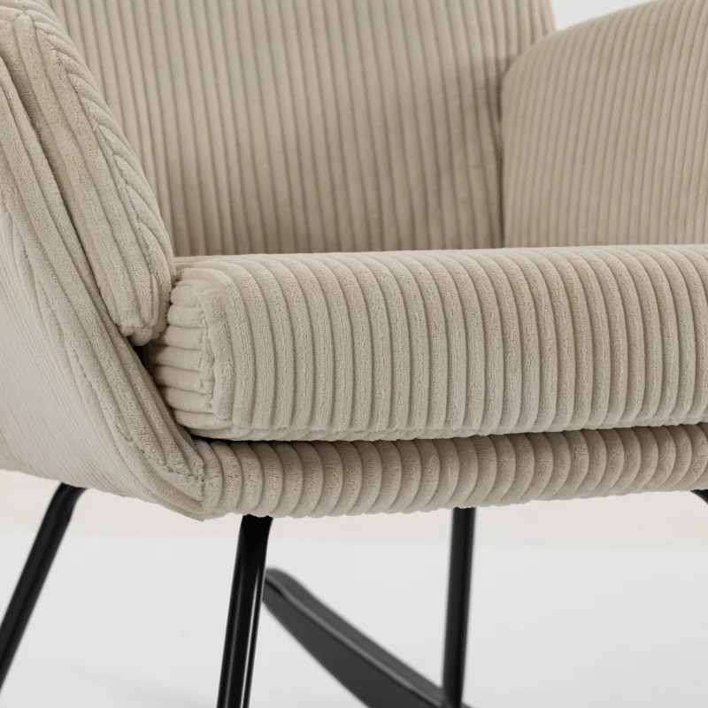 HOMCOM Fauteuil à Bascule, Rocking Chair en Velours Côtelé avec Dossier Haut et Accoudoirs, Pieds en Bois d'hévéa, Beige
