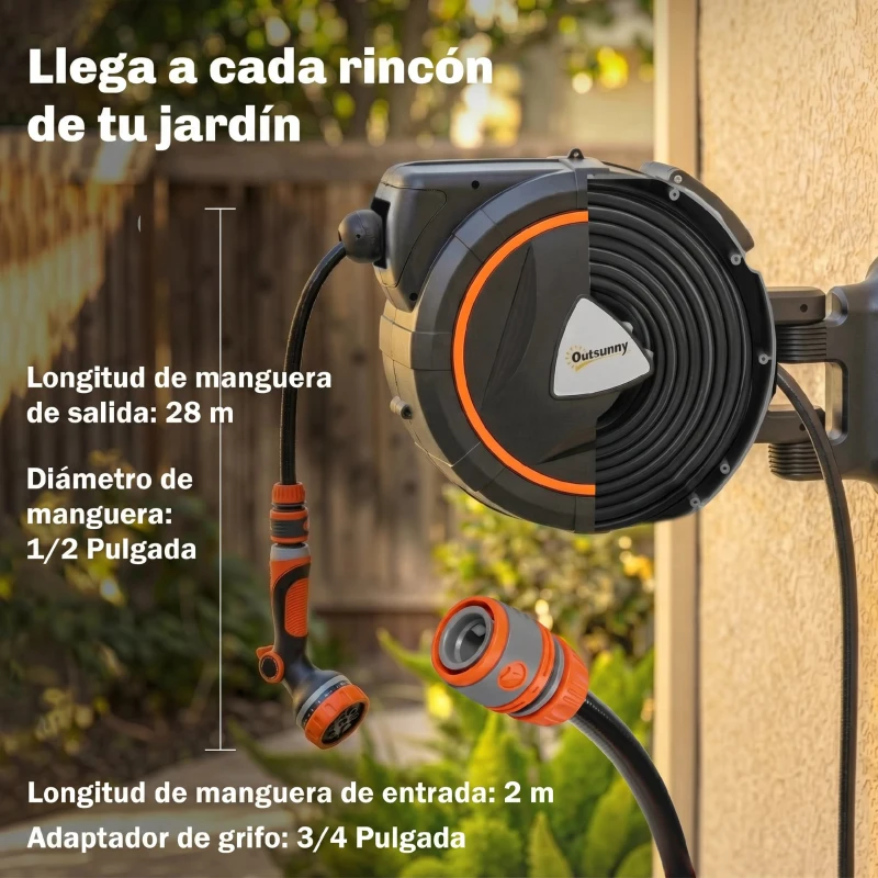 Outsunny Carrete de Manguera Retráctil 28+2 m con 12 Modos de Rociado Bloqueo Automático Retracción Controlada Soporte Naranja