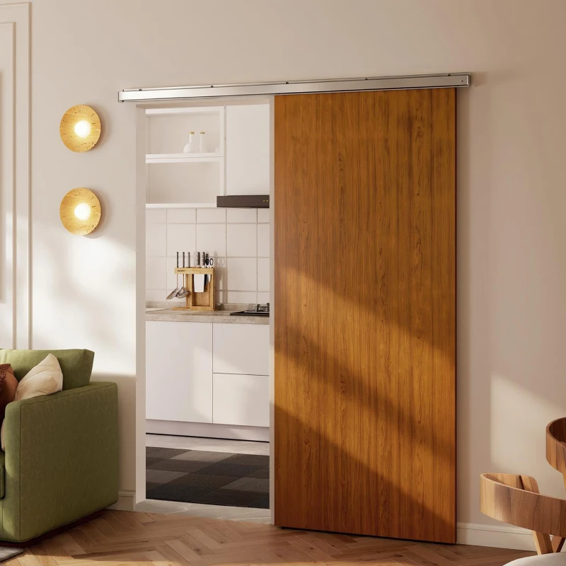 HOMCOM Puerta Corredera con Herrajes 90x210 cm con Rodillo Riel de Aluminio Guía de Suelo Marrón