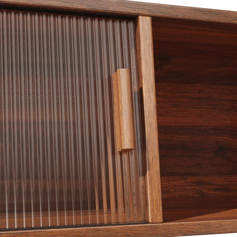 Rattan-Look Front Sideboard with Smooth-Running Glass Sliding Doors, Space-Saving Storage Cabinet with 3 Drawers, 140L x 40.5W x 174.5H cm, Walnut