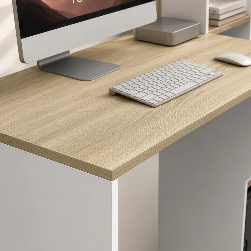 HOMCOM Bureau Informatique, 114 x 45 x 138 cm, Bureau avec Rangement, Étagères Ouvertes et Support UC, Blanc et Bois Naturel