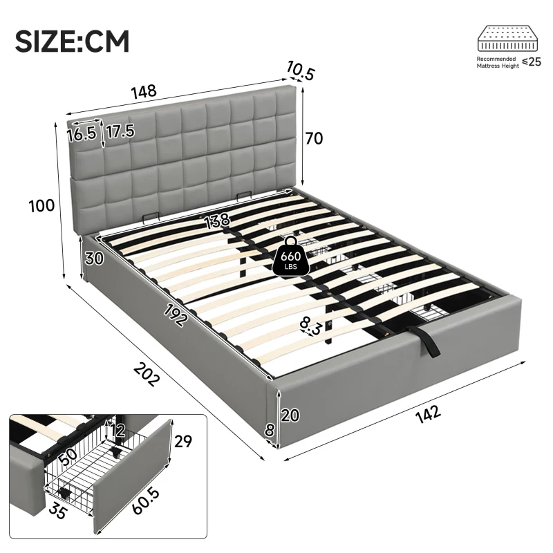 Elegant Upholstered Bed with Hydraulic Lift, Sturdy Storage Bed with 3 Storage Drawers, 202L x 148W x 100H cm, Grey