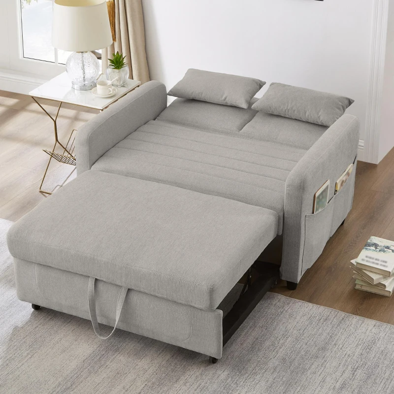 Two-Seater Pull-Out Sofa Bed with Three-Level Adjustable Backrest, Stylish Futon Couches with High-Density Foam, 112L x 169W x 59H cm, Light Gray