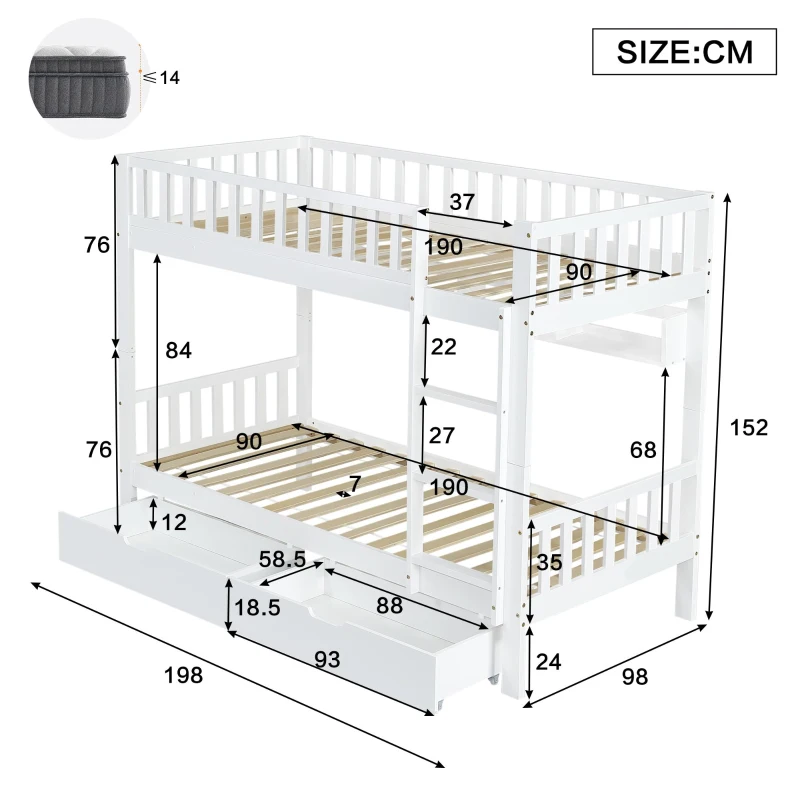Space‑Saving Children's Bunk Bed with Safe Three-Step Ladder, Versatile Storage Bed with Under-Bed Sliding Drawers, 198L x 98W x 152H cm, White