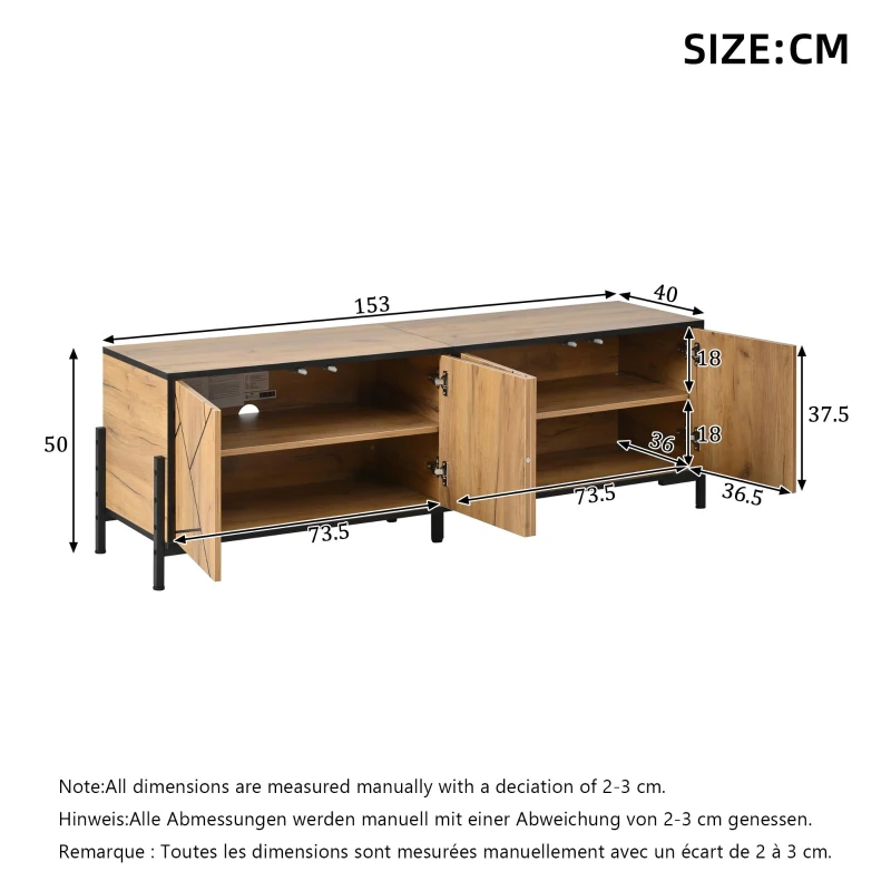 Geometric Wood TV Stand with Bold Geometric Doors, Modern Industrial Unit with Adjustable Shelves, 153L x 40W x 50H cm, Rustic Brown
