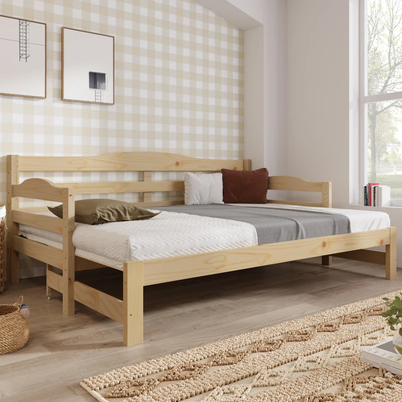Stylish Cabin Bed with Pull-Out Trundle and Practical Storage, Natural Finish Wooden Bed Frame with MDF Slatted Base, 196L x 187W x 73H cm, Natural