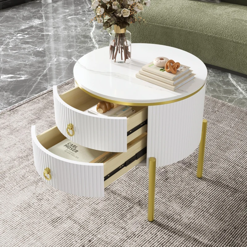Modern Side Table with Marble-Effect Top and 2 Drawers, Durable Coffee Table with Adjustable Legs, 50L x 50W x 51H cm, White