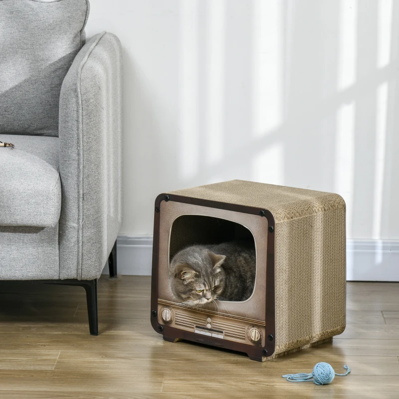 PawHut Kratzbrett für Katzen 2-in-1 in Fernseherform, Haus und Kratzmatte aus Wellpappe, 39x29x37cm, Braun