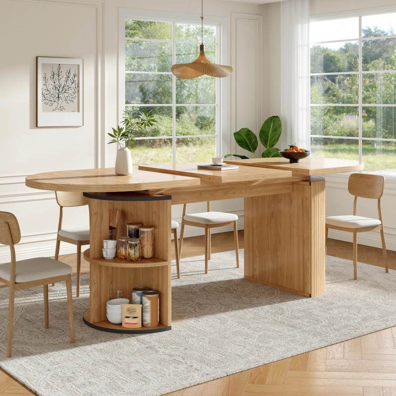 Extendable Dining Table with Vertically Grooved Legs, Space-Saving Dinner Table with Storage Compartment, 160L x 80W x 76H cm, Natural Wood