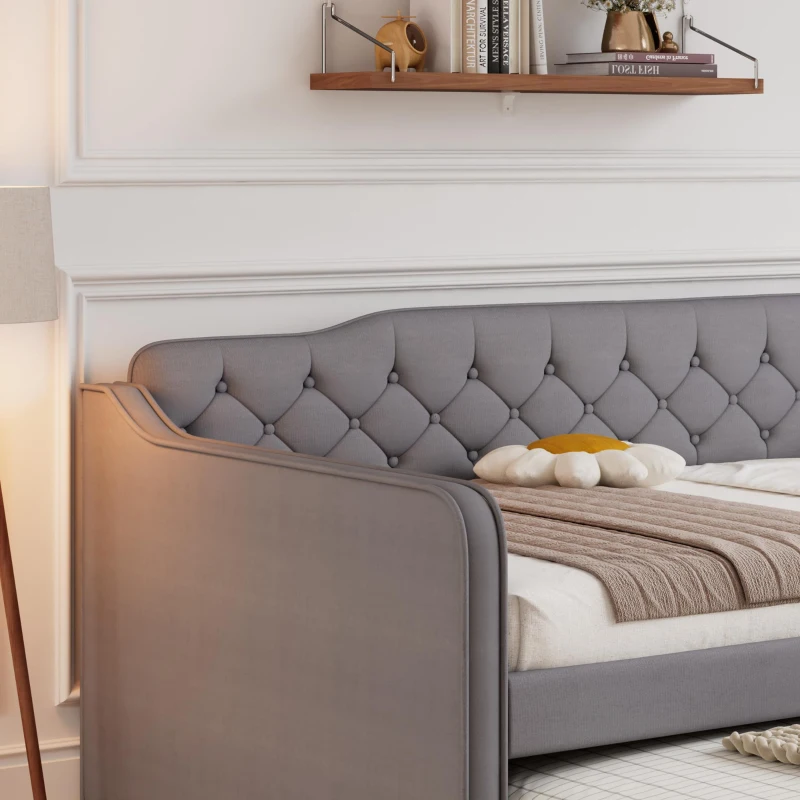 Space-Saving Upholstered 4ft6 Double Daybed with Pull-Out Trundle, Versatile Sofa Bed with Thick Foam Padding, 202L x 139.5W x 81.5H cm, Grey