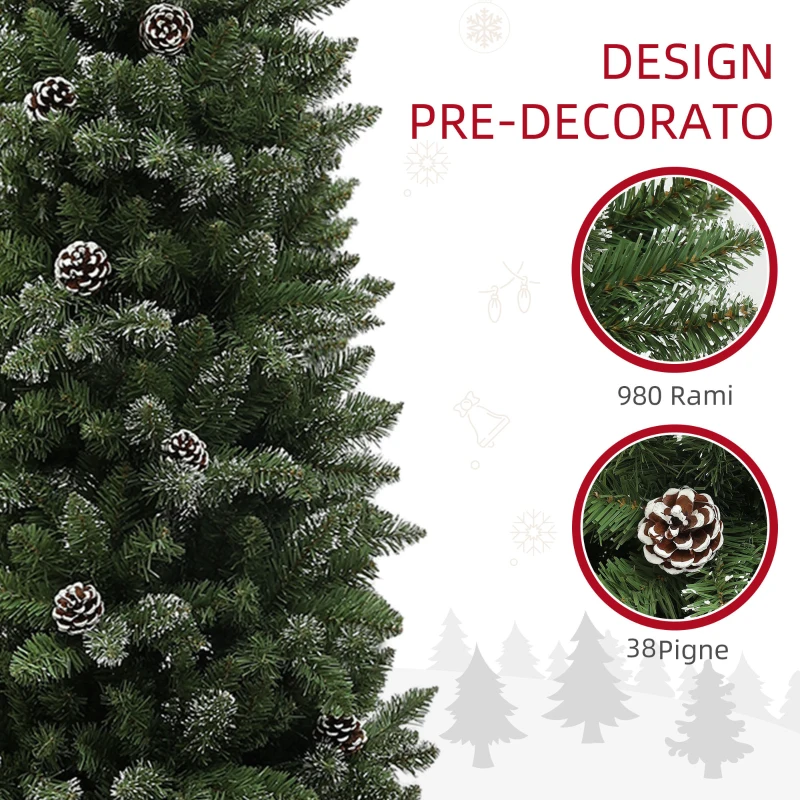 HOMCOM Albero di Natale Innevato Alto 225 cm con 980 Rami, Pigne e Base in Acciaio