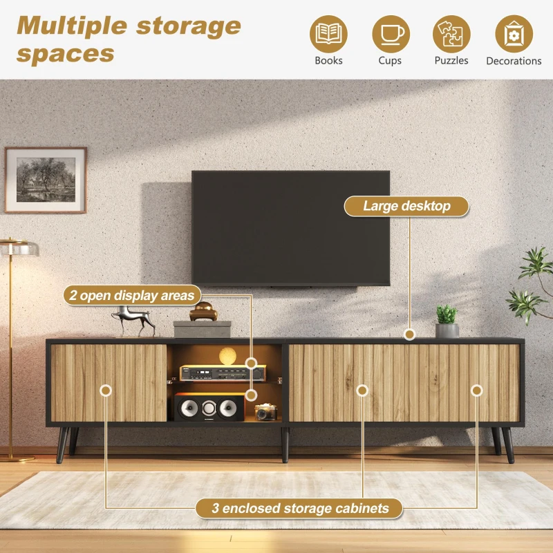 Mid-Century TV Cabinet with Smart App LED Lighting, Modern TV Stand with Built-In Cable Management, 175L x 31W x 43.5H cm, Black+Wood