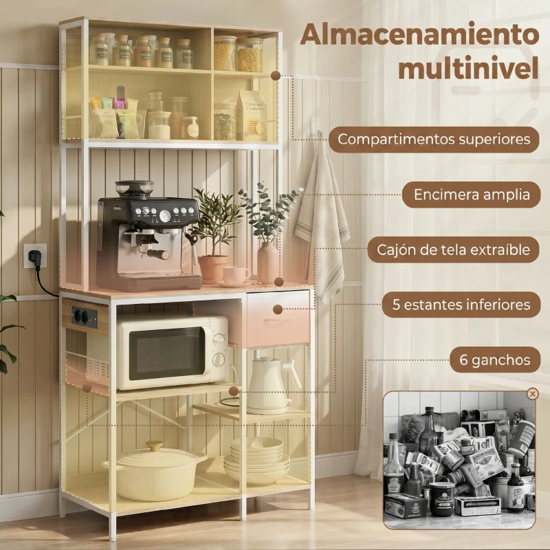 HOMCOM Estantería de Cocina Soporte de Microondas con Estantes y 6 Ganchos para Espacios Reducidos 80x40x181 cm Roble