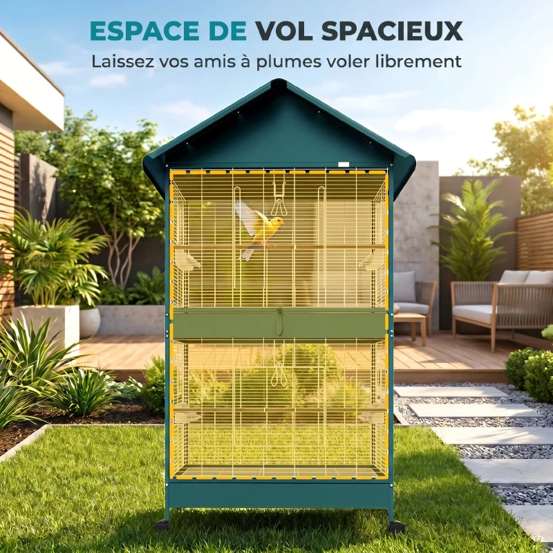 PawHut Cage à oiseaux sur roulettes avec séparateur amovible, 4 mangeoires et 2 perchoirs, 2 plateaux coulissants, 94x70x158cm
