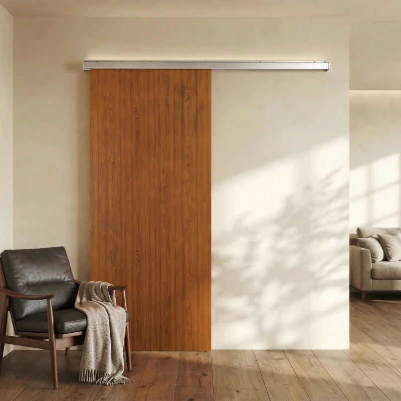 HOMCOM Puerta Corredera con Herrajes 90x210 cm con Rodillo Riel de Aluminio Guía de Suelo Marrón