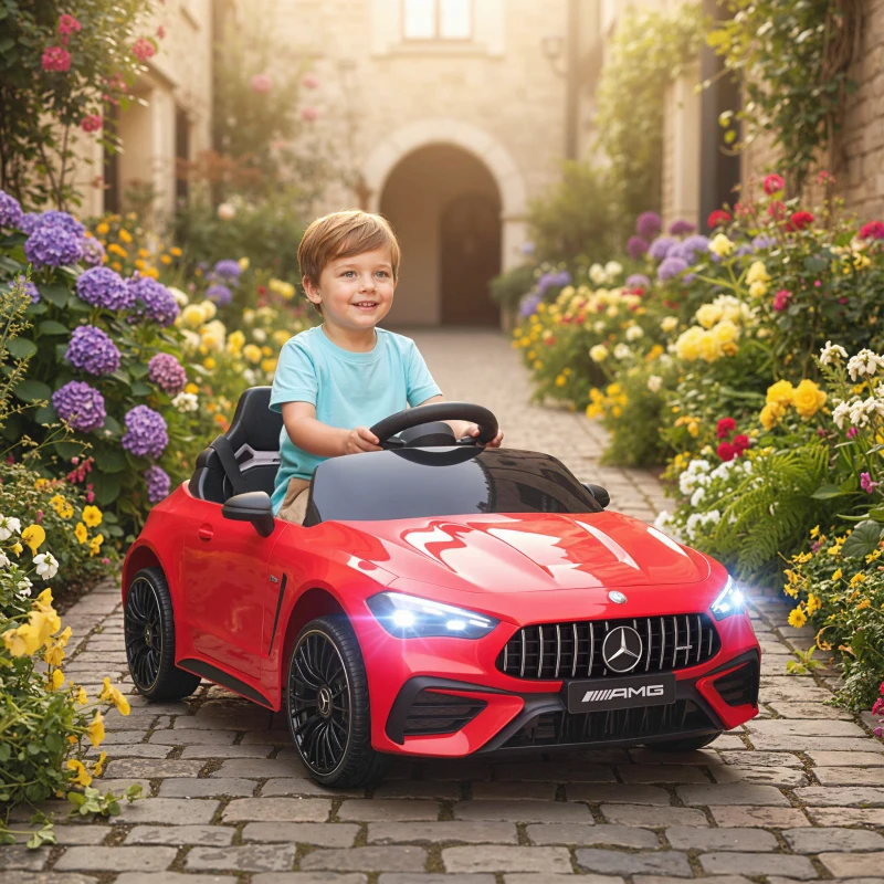 AIYAPLAY Kinder-Elektroauto, Mercedes-Design, 12V Motoren, Fernbedienung, LED-Lichter, Musik, für 3-6 Jahren Kinder, Rot