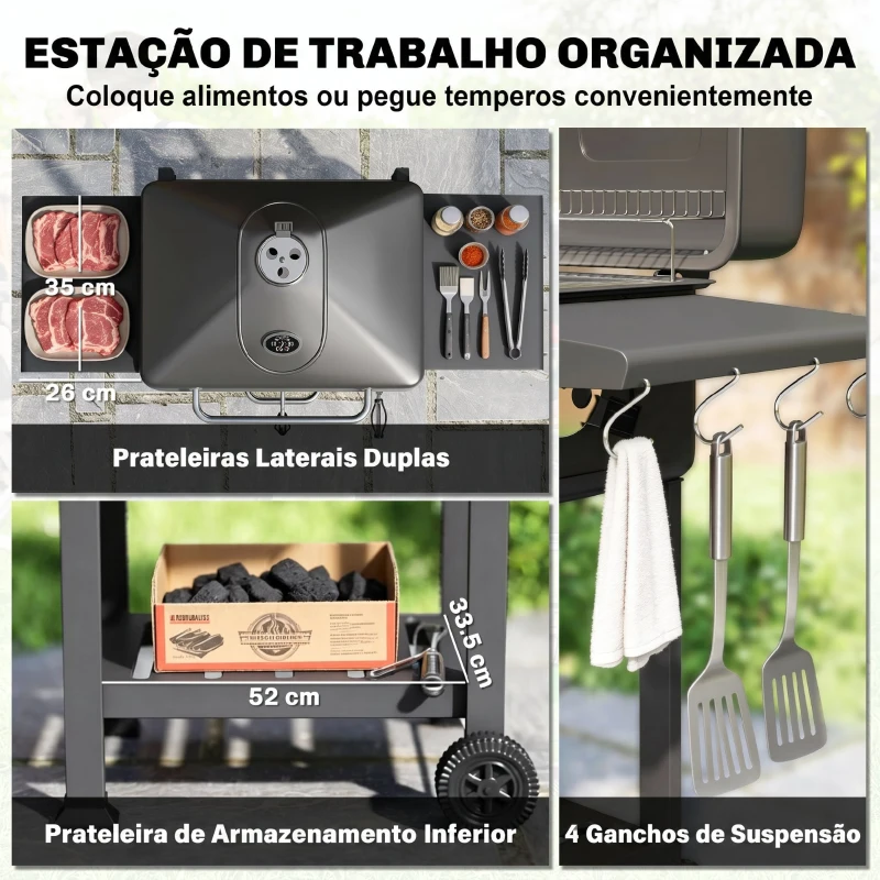 Outsunny Grelhador de Carvão com Bandeja e Ventilação Ajustável Prateleiras Laterais Rodas Termómetro Tampa e Porta 112x63x101,5 cm Preto