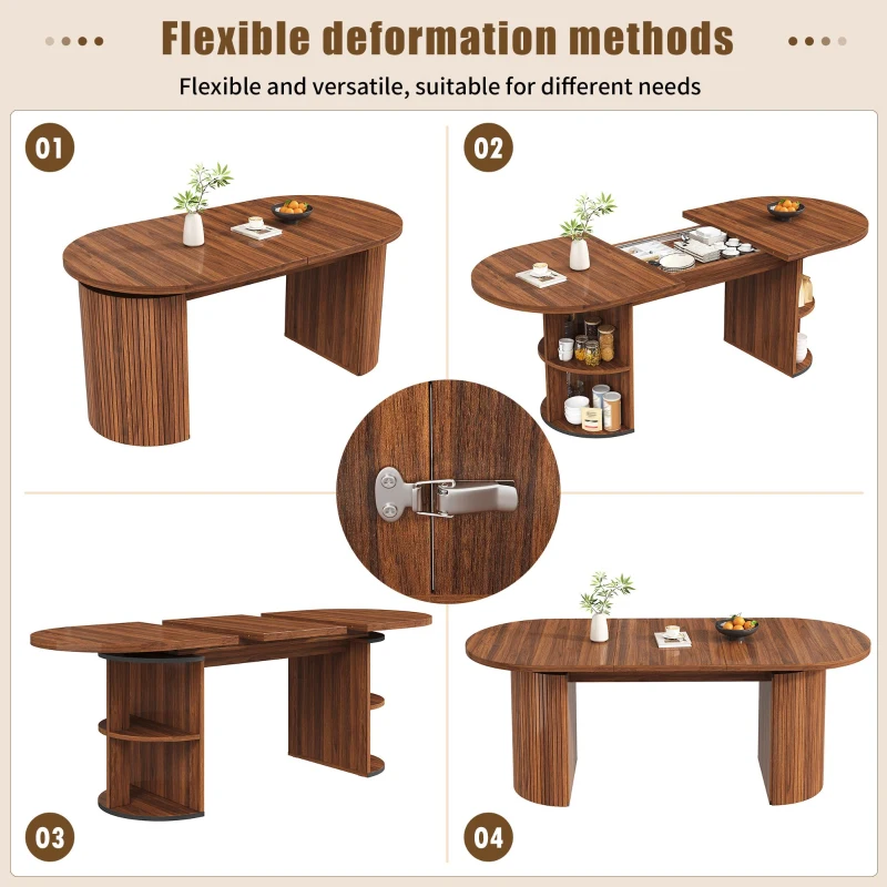 Extendable Dining Table with Vertically Grooved Legs, Space-Saving Dinner Table with Storage Compartment, 160L x 80W x 76H cm, Walnut