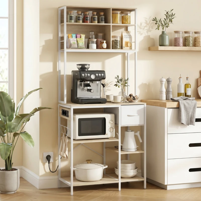 HOMCOM Estante de Cozinha Suporte de Micro-ondas com Prateleiras e 6 Ganchos para Espaços Pequenos 80x40x181 cm Carvalho