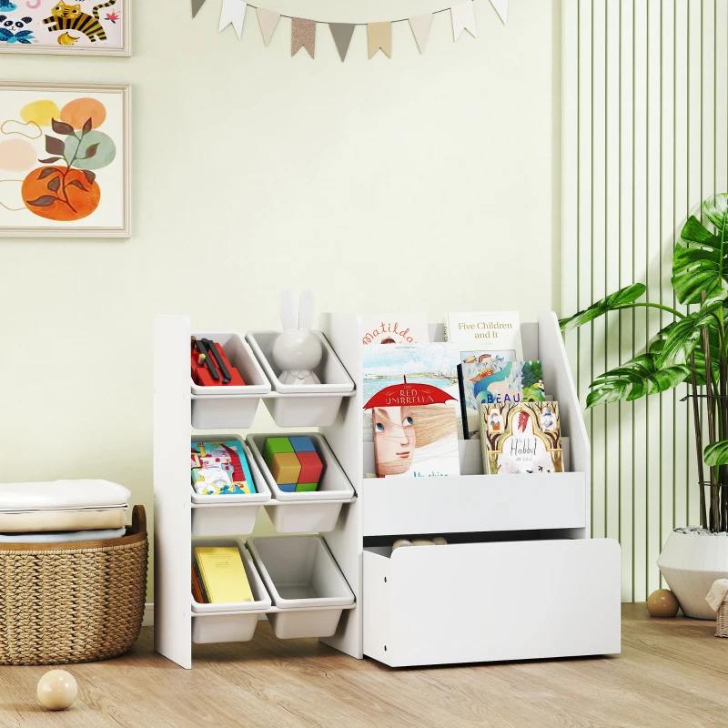 AIYAPLAY Spielzeugregal, Kinderzimmerregal mit 6 Behälter, Bücherablage, rollbare Box, 100 x 30 x 80 cm, MDF, Stahl, Weiß
