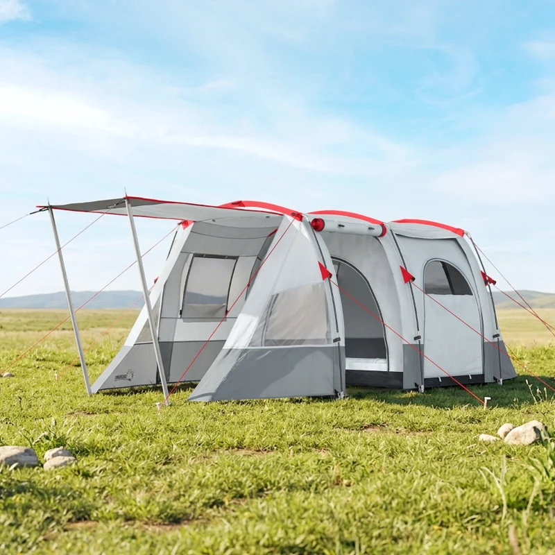 Outsunny Tente de camping familiale 3 personnes, tente tunnel imperméable, portes + fenêtres, 5,1 x 2,4 x 1,8 cm, gris clair