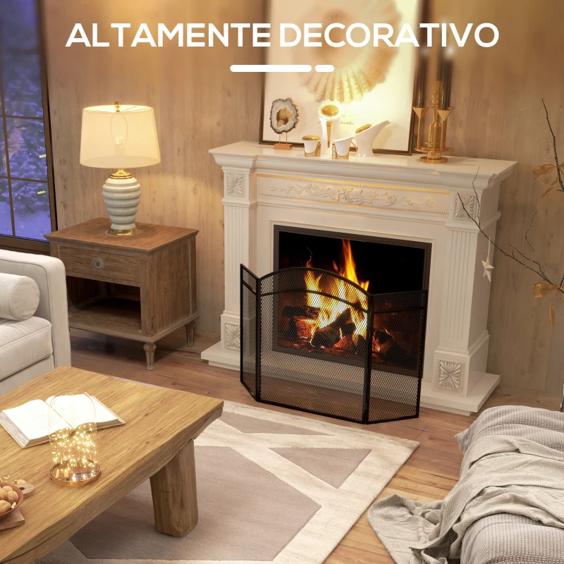 HOMCOM Protector de Chimenea de 3 Paneles Plegable Pantalla de Chimenea con Estructura de Metal 96x60 cm Negro