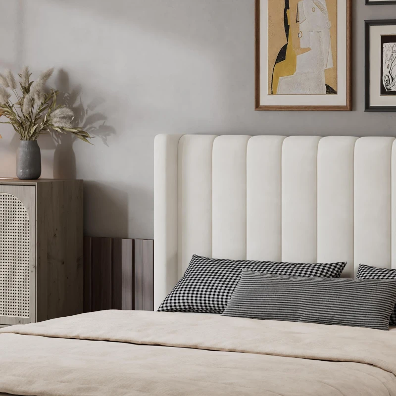 Upholstered Double Bed with Soft Padded Headboard, Practical Storage Bed with Smooth Castors, 200L x 142W x 118.5H cm, Beige