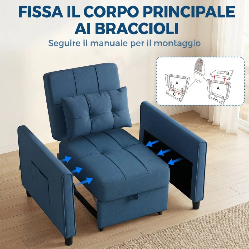 HOMCOM Poltrona Letto Pieghevole con Schienale Regolabile e Cuscino, Blu