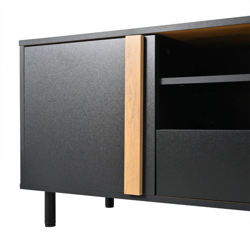 Modern 180cm TV Stand with Ample Concealed Storage, Low-Profile Entertainment Centre for TVs up to 80 Inches, 180L x 32.5W x 50H cm, Black+Wood