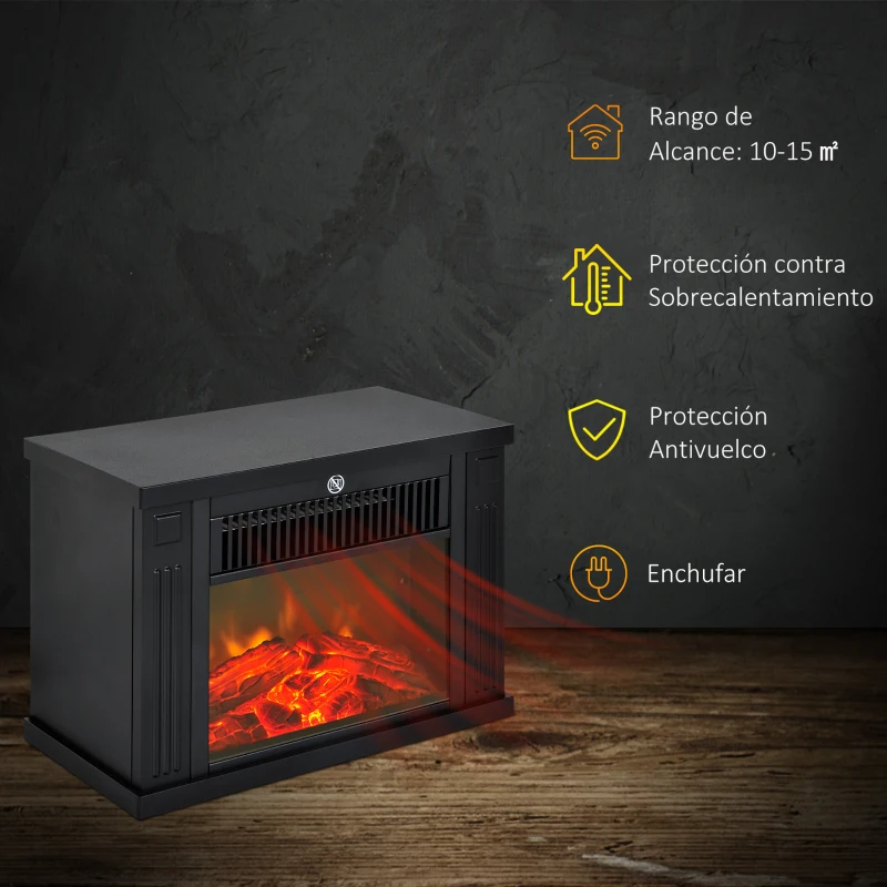 HOMCOM Chimenea Eléctrica 600/1200W Chimenea Decorativa de Mesa Chimenea Portátil con Efecto Llama Realista Protección Contra Sobrecalentamiento para 10-15 m² 34x17x25 cm Negro