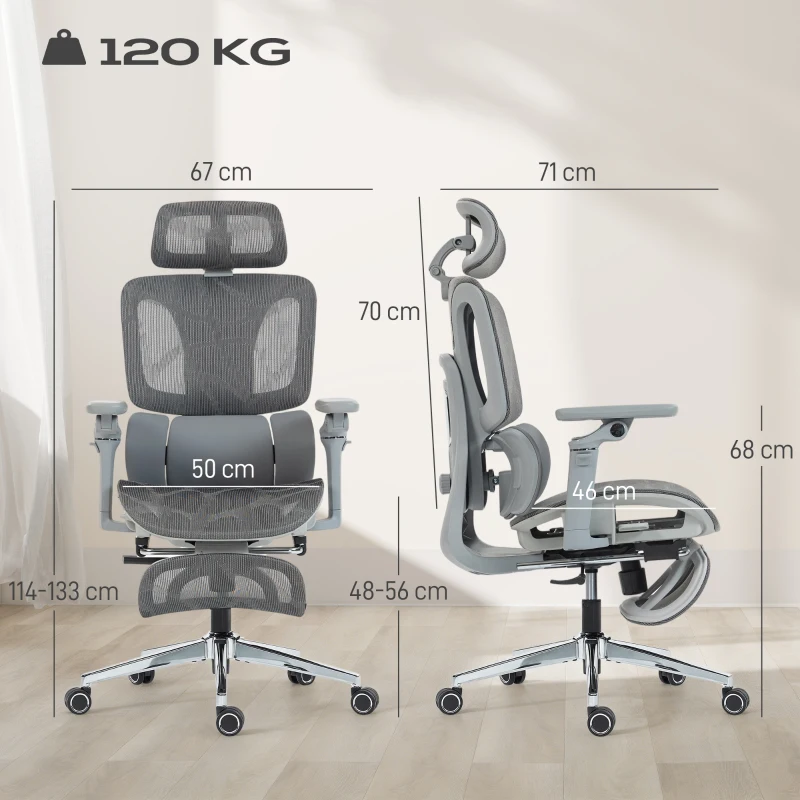 HOMCOM Ergonomischer Bürostuhl mit 6D-Armlehnen, Kopfstütze und verstellbarer Sitztiefe Maille Grau