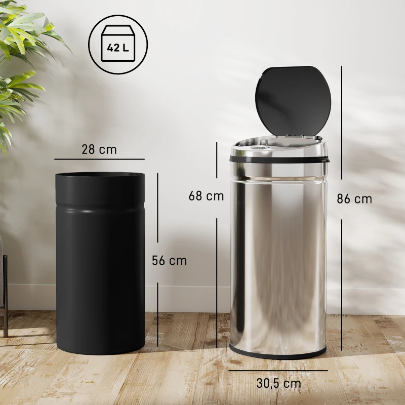 HOMCOM Poubelle à capteur de mouvement ouverture automatique 1 bac de 42 L en acier inoxydable noir et argent