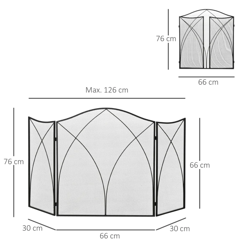 HOMCOM Salvachispas Plegable Pantalla Protectora de Chimenea 3 Paneles con Bisagras y Estructura de Metal Decorativa 108x24x76 cm Negro