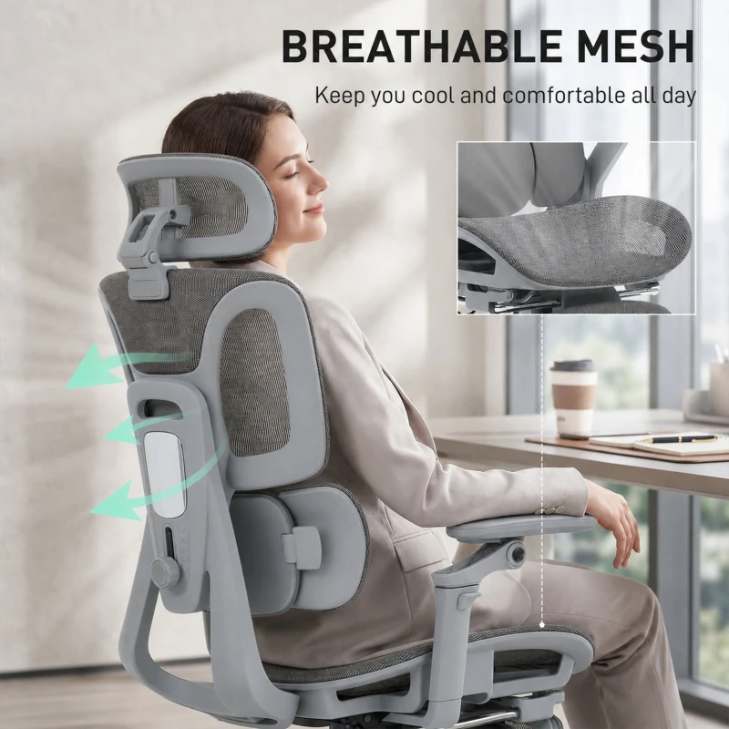 HOMCOM Ergonomischer Bürostuhl mit 6D-Armlehnen, Kopfstütze und verstellbarer Sitztiefe Maille Grau