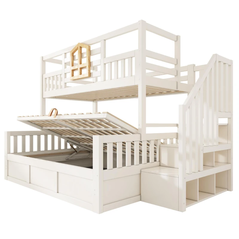 Twin Over Full Bunk Bed with Solid Pine and MDF Construction, Wooden Cabin Bed with Hydraulic Under-Bed Storage, 243L x 144W x 172H cm, White