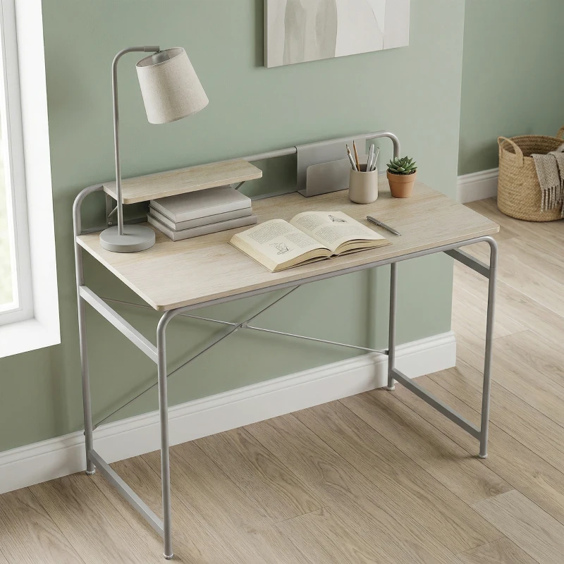 HOMCOM Mesa de Escritorio Moderno con Estante y Estructura de Metal Fácil Montaje 98x48x88,5 cm Roble
