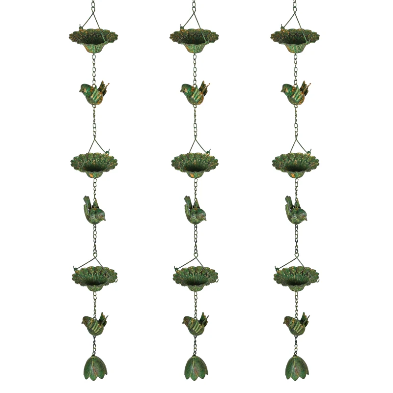 Outsunny 3-delige Metalen Regenketting 123cm met Kolibries, Bloemschalen en Lotusklok, Groen