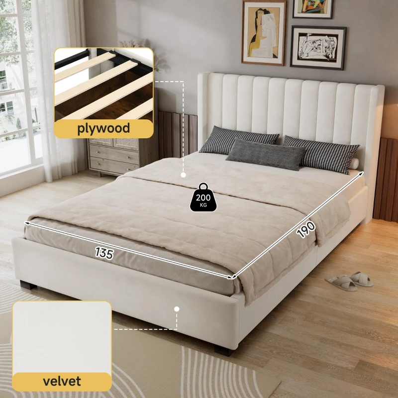 Upholstered Double Bed with Soft Padded Headboard, Practical Storage Bed with Smooth Castors, 200L x 142W x 118.5H cm, Beige