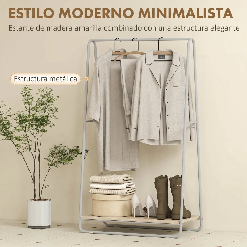 HOMCOM Perchero 3 en 1 Perchero con Estante para Zapatos Barras Superior y Laterales Estructura de Metal Natural y Gris