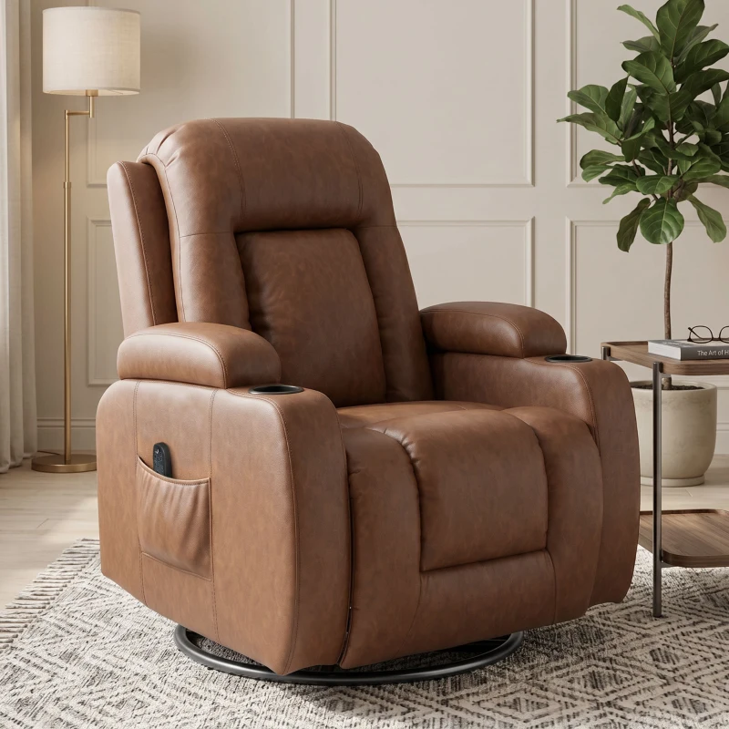 HOMCOM Fauteuil Inclinable de Massage et Chauffage, Fauteuil de Relaxation, Dossier Réglable, Pivotant, 82x99x103cm, Marron