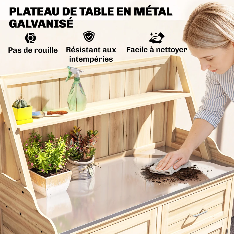Outsunny Armoire de Jardin en Bois avec Plan de Travail en Métal Galvanisé Tiroir et Étagère 100x45x129,5cm Naturel