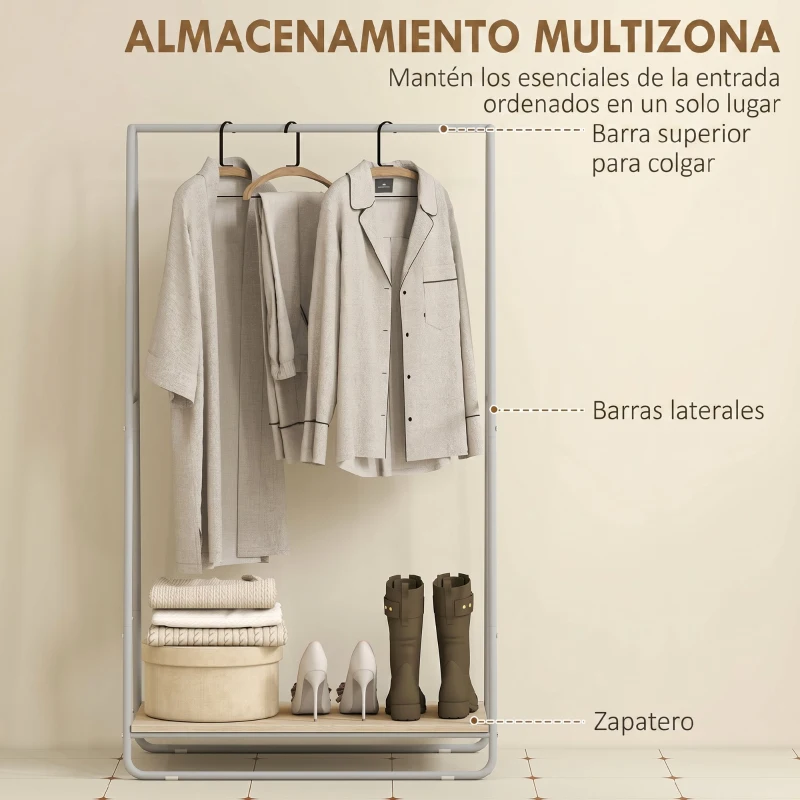 HOMCOM Perchero 3 en 1 Perchero con Estante para Zapatos Barras Superior y Laterales Estructura de Metal Natural y Gris