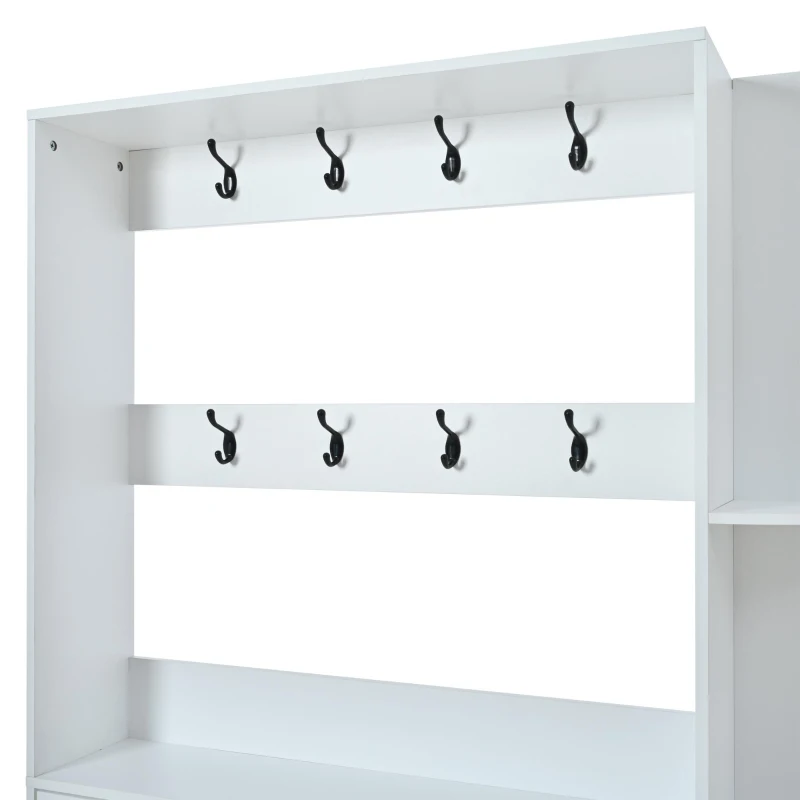 Coat Rack and Shoe Storage Cabinet with Shoe Cubbies, Space-Saving Hallway Storage Unit with Hinged Doors, 120L x 24W x 200H cm, White