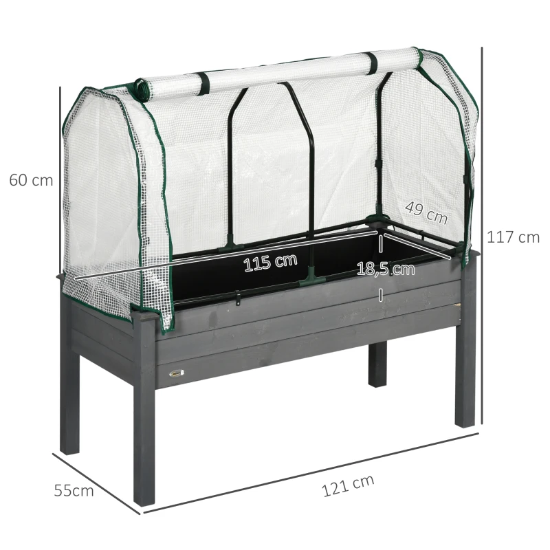 Outsunny Letto per Orto con Serra da Giardino, Portapiante da Esterno in Legno e PE, 121x55x117 cm, Grigio Scuro