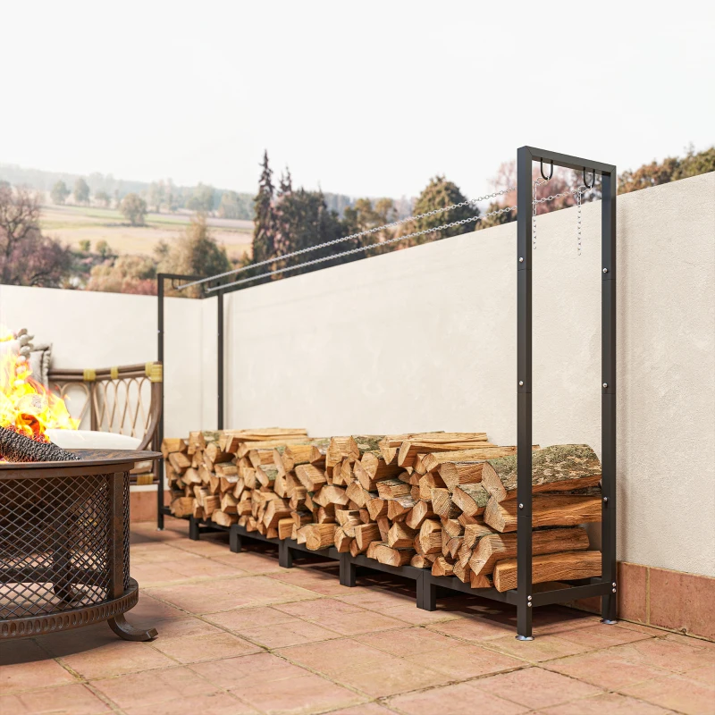 Outsunny Suport pentru Lemne de Foc din Metal cu Prelată Impermeabilă, Capacitate 0.8m³, Cadru Reglabil, 235 x 31 x 116 cm, Negru