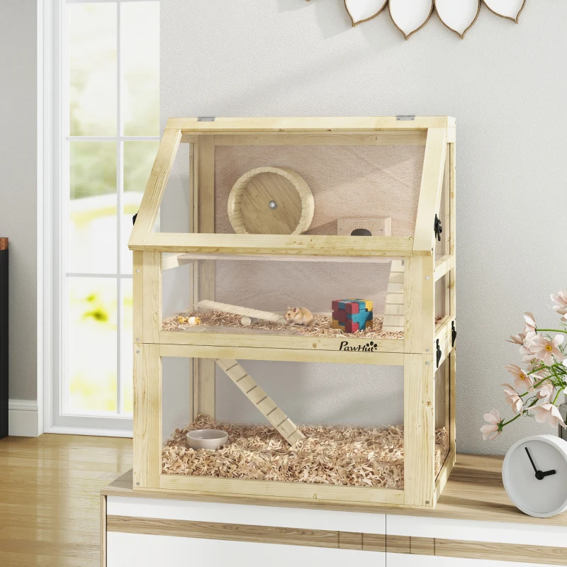 PawHut Wooden Hamster Cage with Detachable 32cm Deep Bottom, Hut, Seesaw, Exercise Wheel, Ramp, 60 x 40 x 75cm, Natural