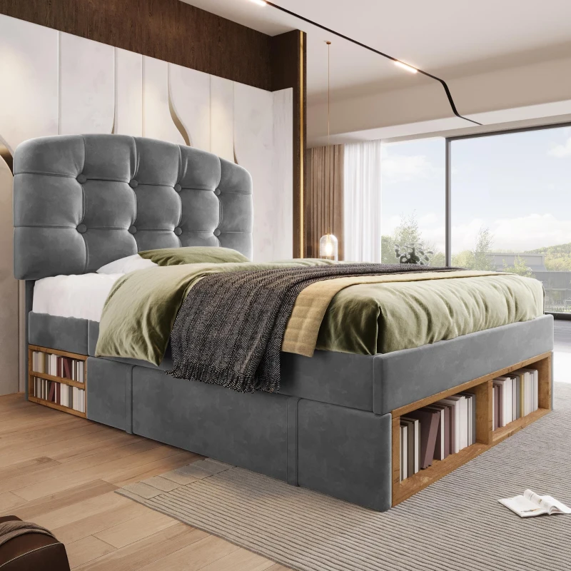 Upholstered Single Bed with Height-Adjustable Button-Tufted Headboard, Plush Grey Bed Frame with Built-In Drawers, 198L x 101W x 120H cm, Grey