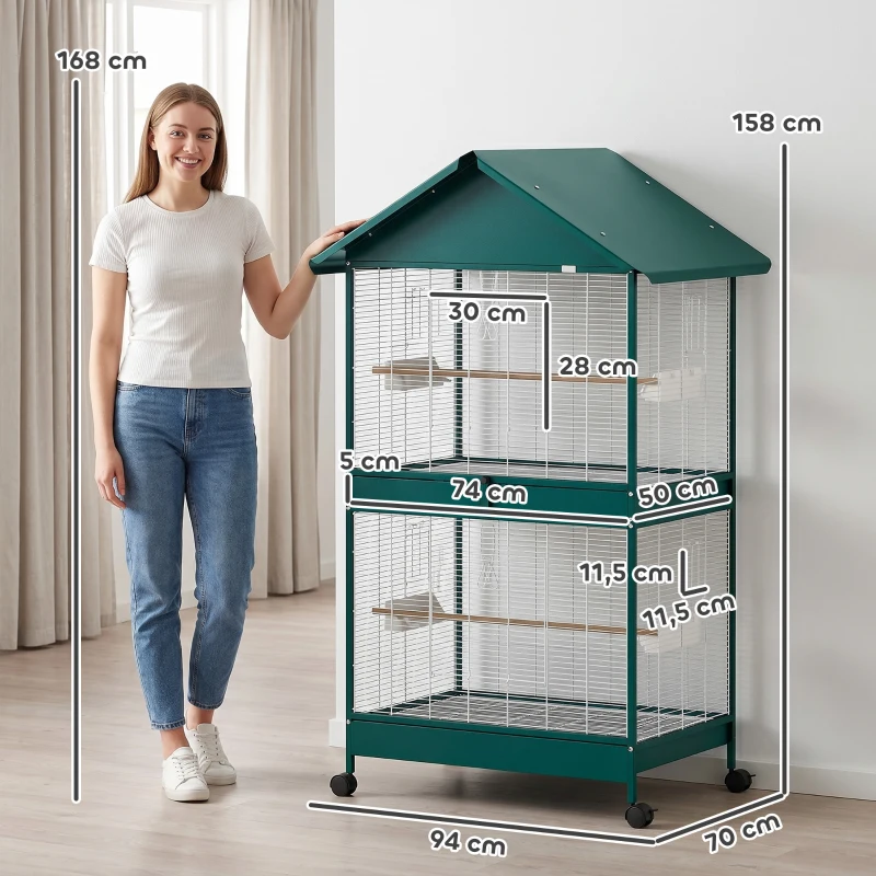PawHut Cage à oiseaux sur roulettes avec séparateur amovible, 4 mangeoires et 2 perchoirs, 2 plateaux coulissants, 94x70x158cm